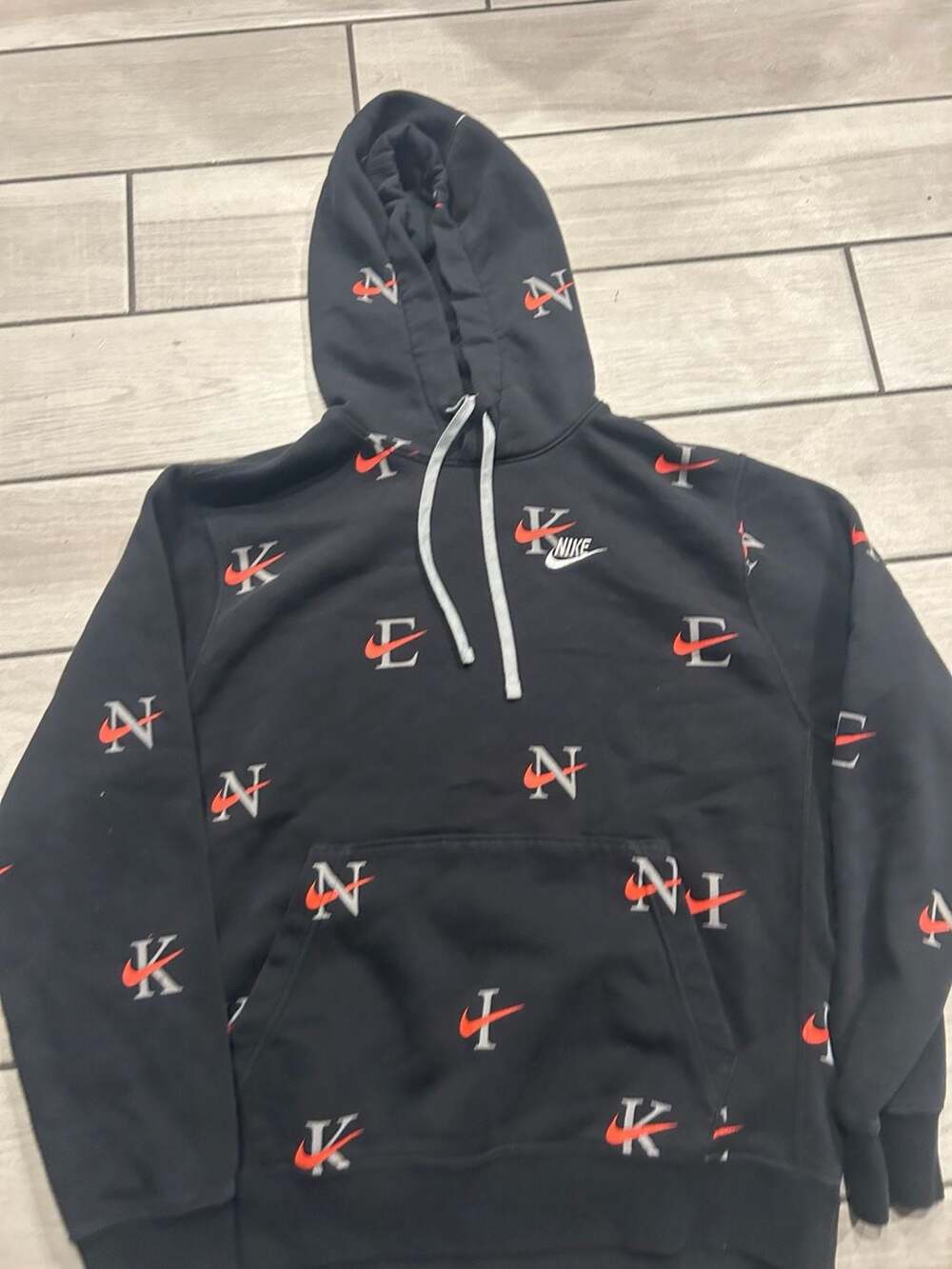 Nike All Over Print Club Fleece Hoodie Mens large Black Pullover